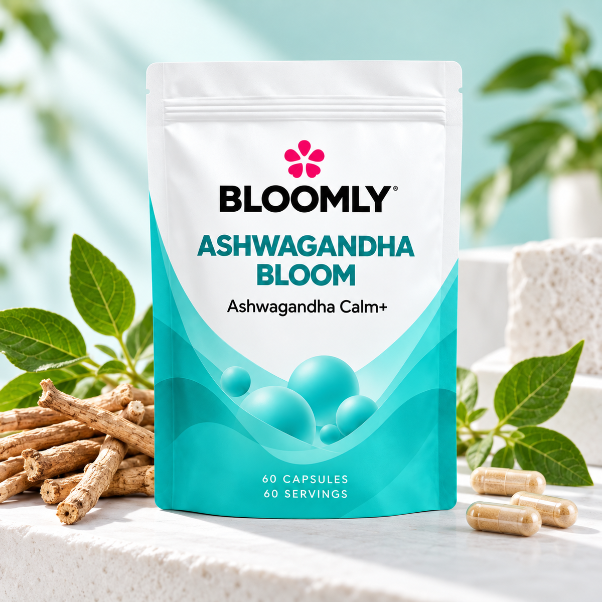 BLOOMLY KSM-66 Ashwagandha Capsules with L-Tryptophan & Vitamin B6 pouch hero image on a clean studio background