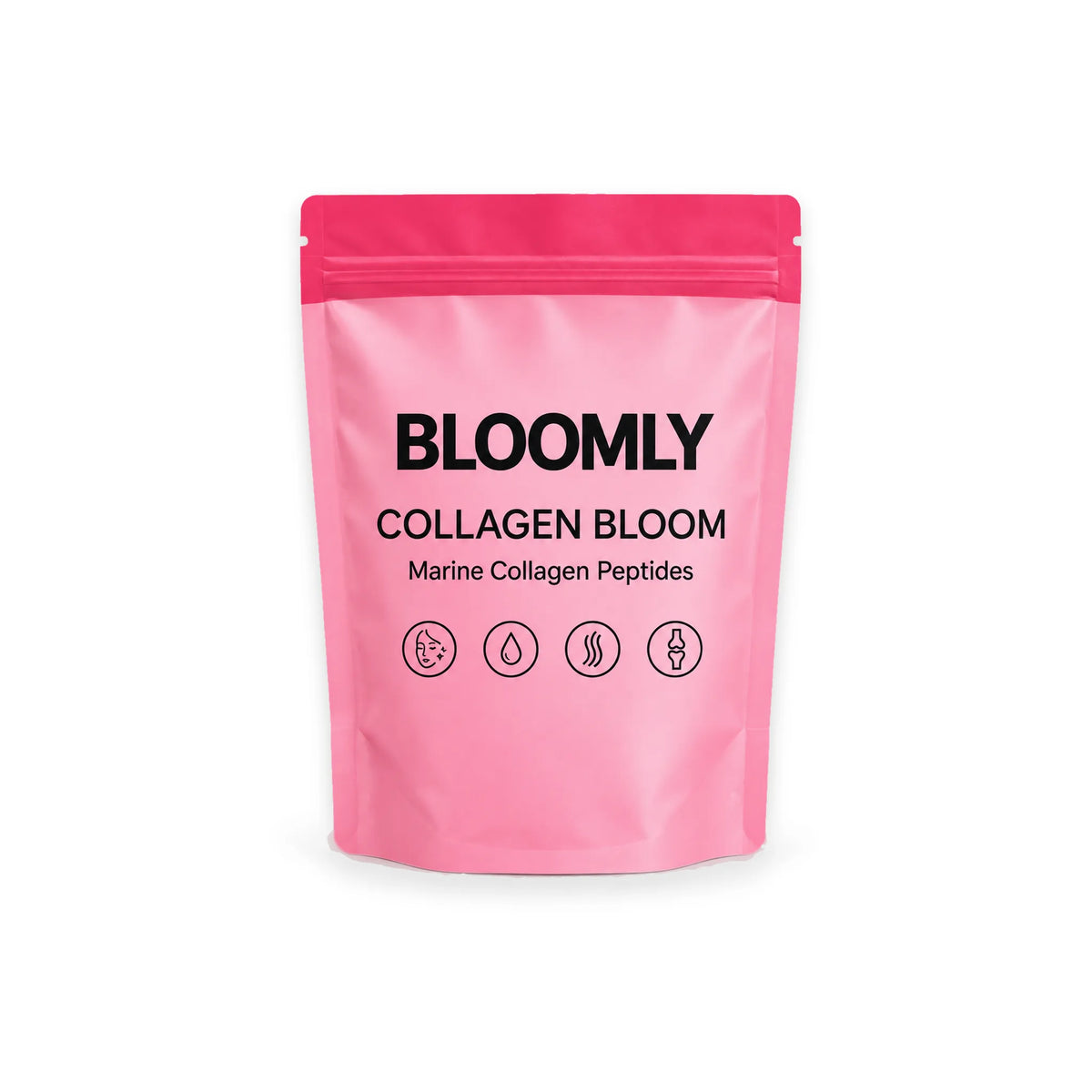 1 BLOOMLY Collagen Bloom stand-up pouches on a white background