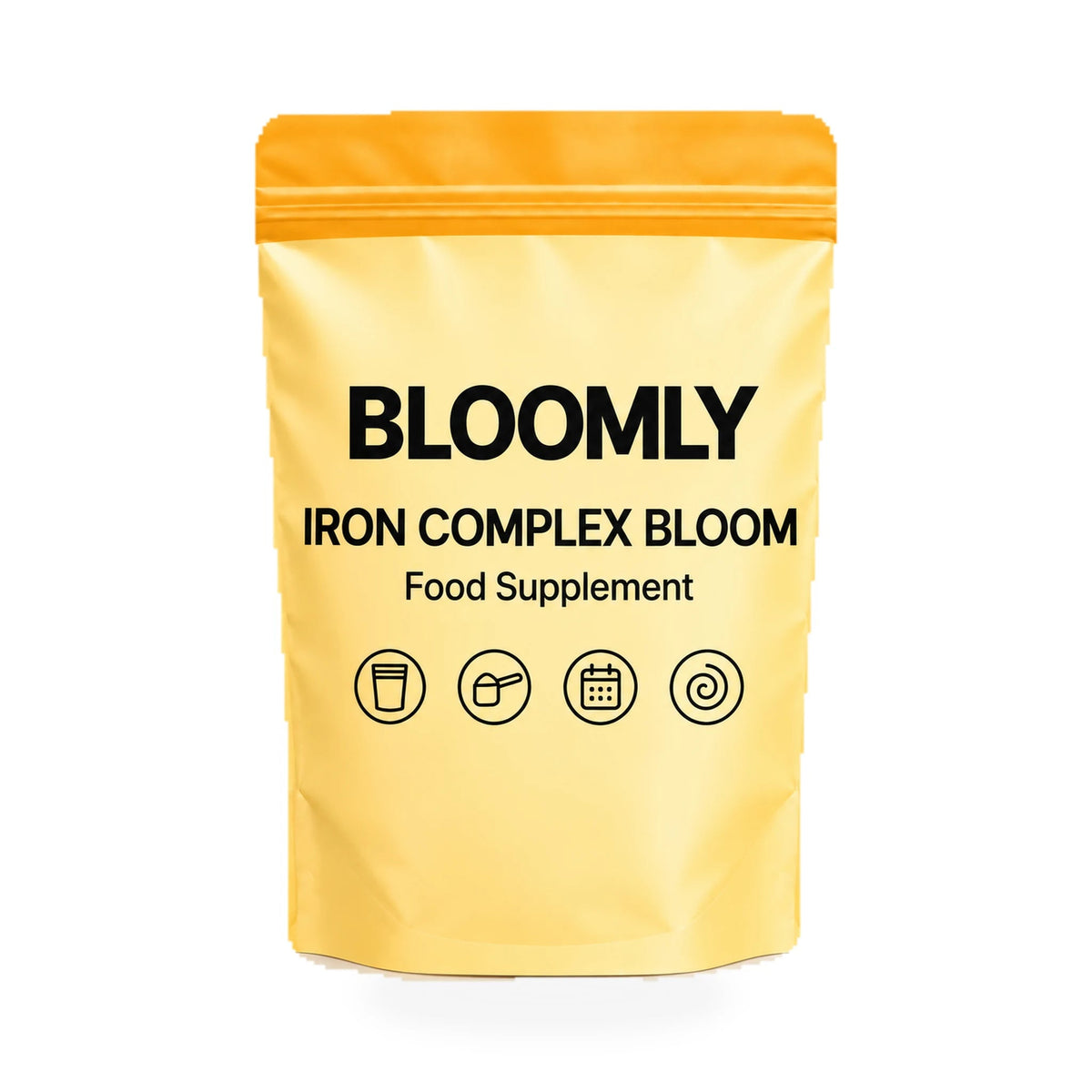 1 BLOOMLY Iron Complex Bloom stand-up pouches on a white background