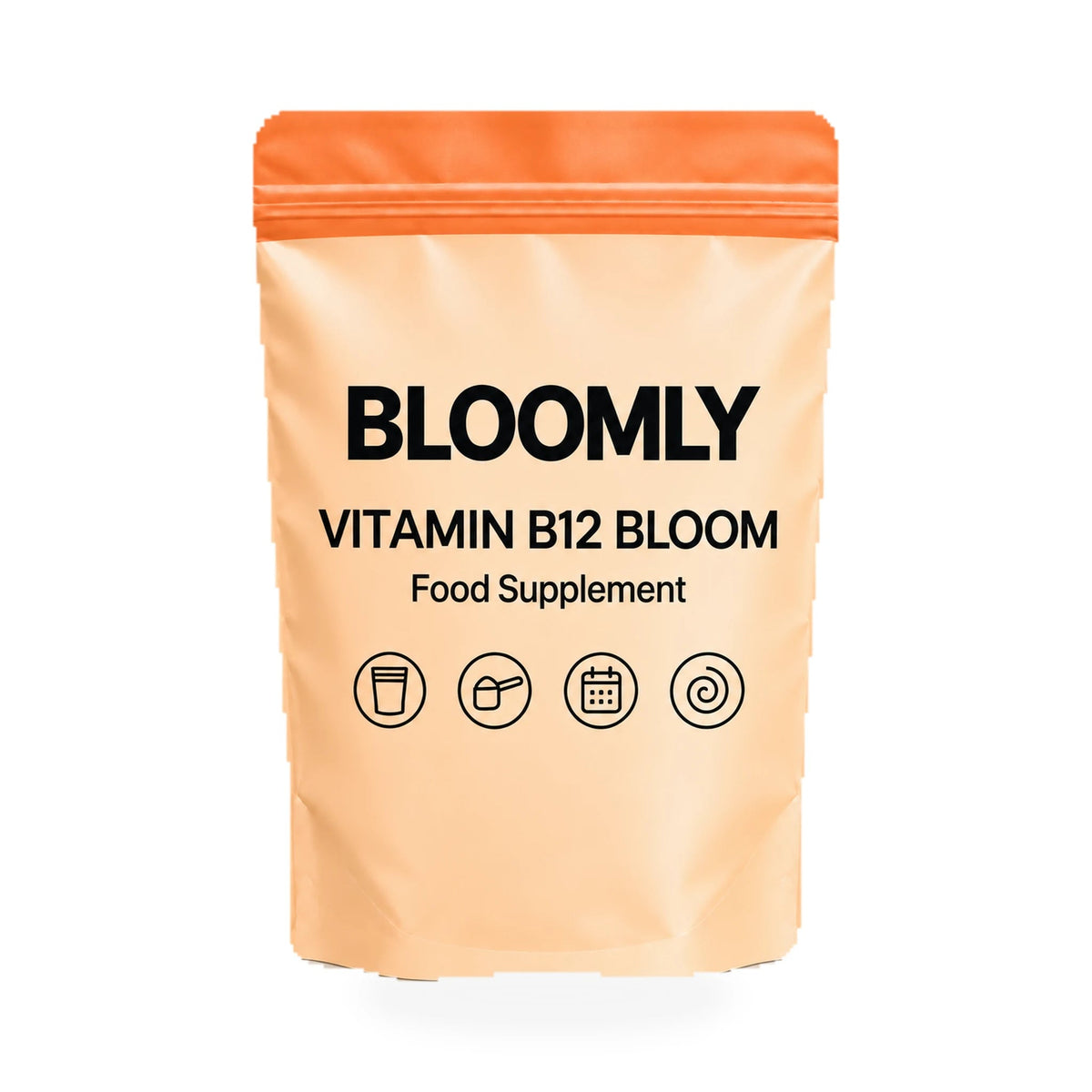 1 BLOOMLY Vitamin B12 Bloom stand-up pouches on a white background