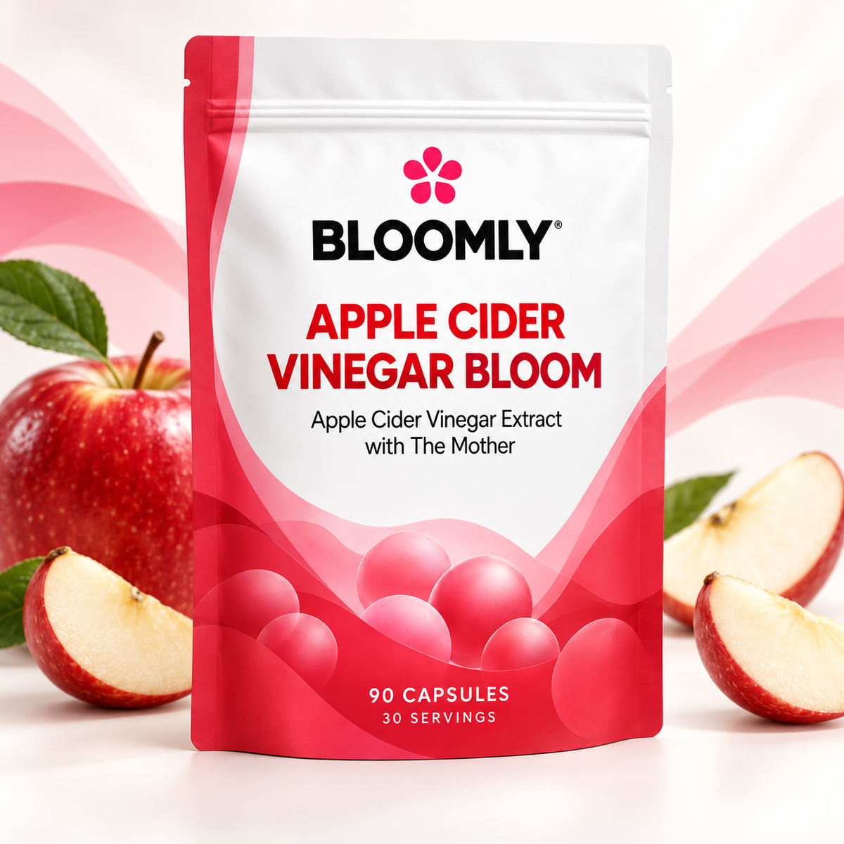 BLOOMLY Apple Cider Vinegar Capsules with the Mother pouch hero image on a clean studio background