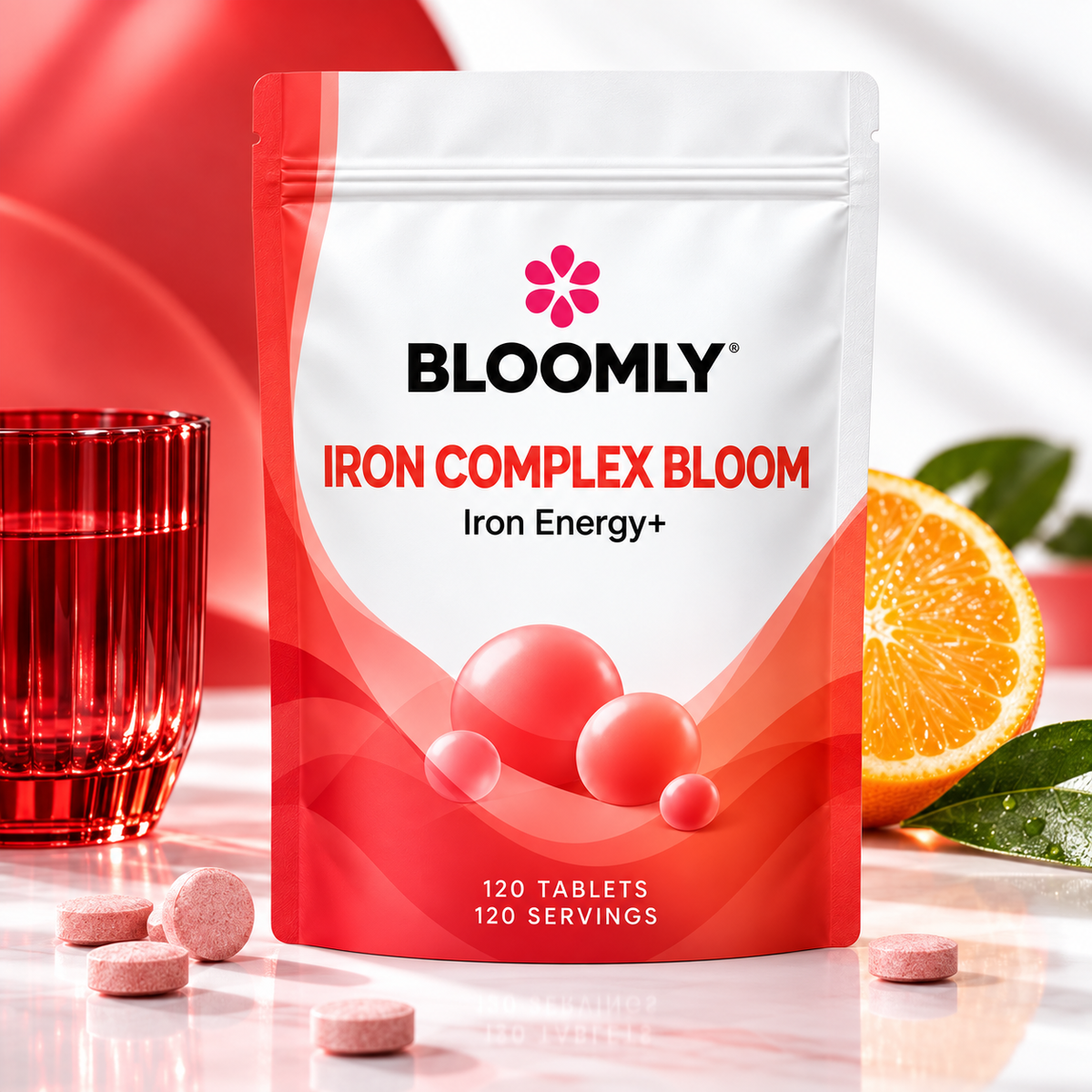 BLOOMLY Iron Complex with Vitamin C, B12 & Folic Acid pouch hero image on a clean studio background