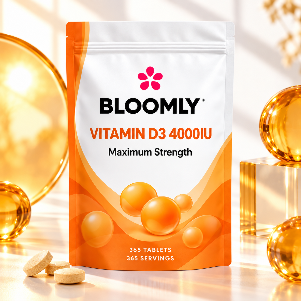 BLOOMLY Vitamin D3 4000 IU High-Strength Tablets pouch hero image on a clean studio background