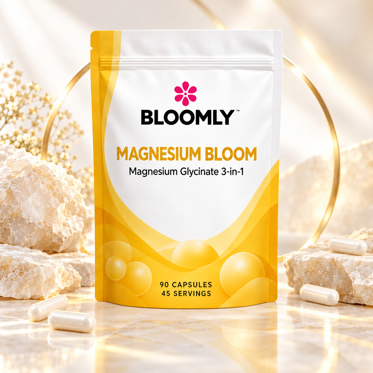 BLOOMLY Magnesium Glycinate 3-in-1 Capsules pouch hero image on a clean studio background