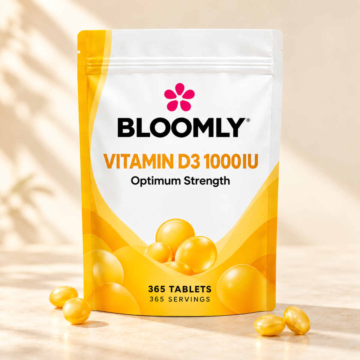 BLOOMLY Vitamin D3 1000 IU Tablets pouch hero image on a clean studio background