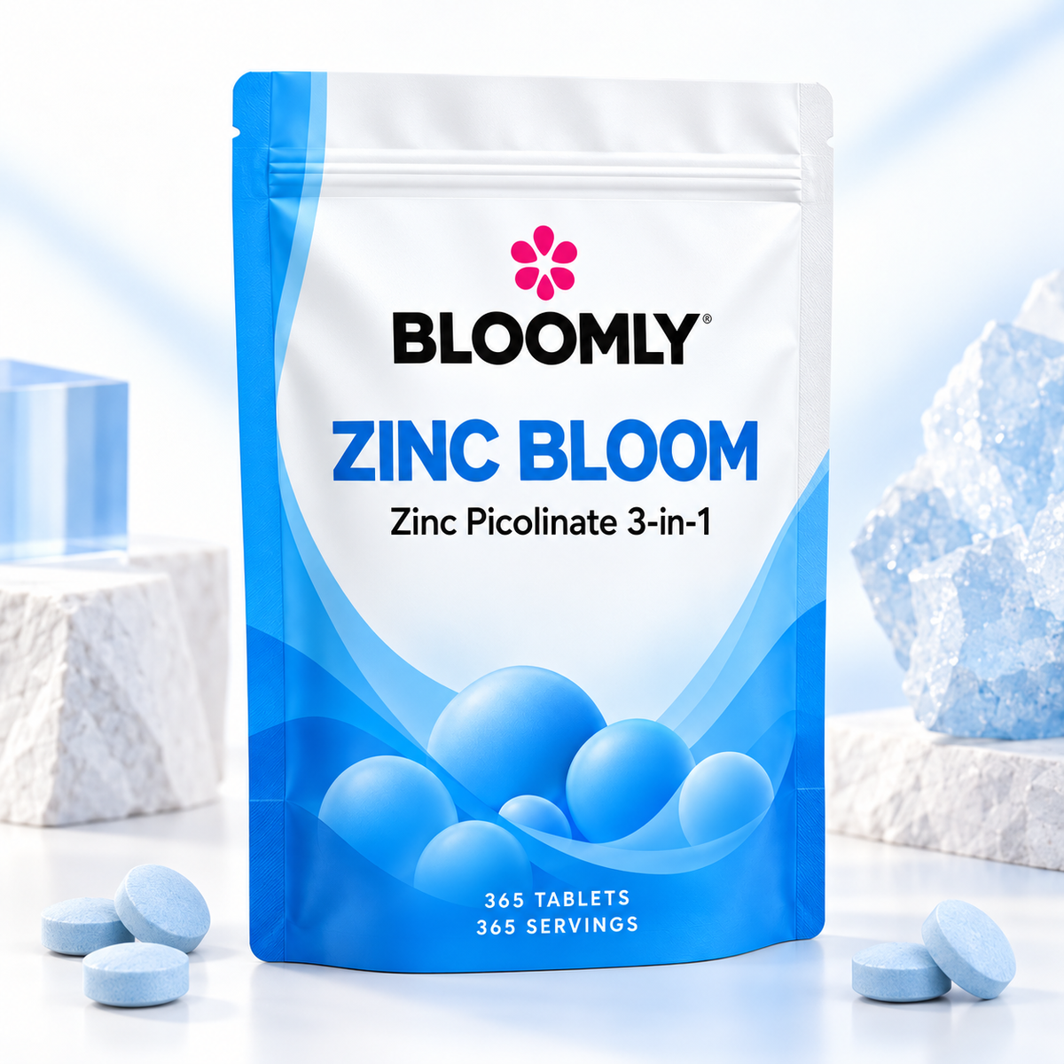 BLOOMLY Zinc Picolinate 3-in-1 with Copper pouch hero image on a clean studio background