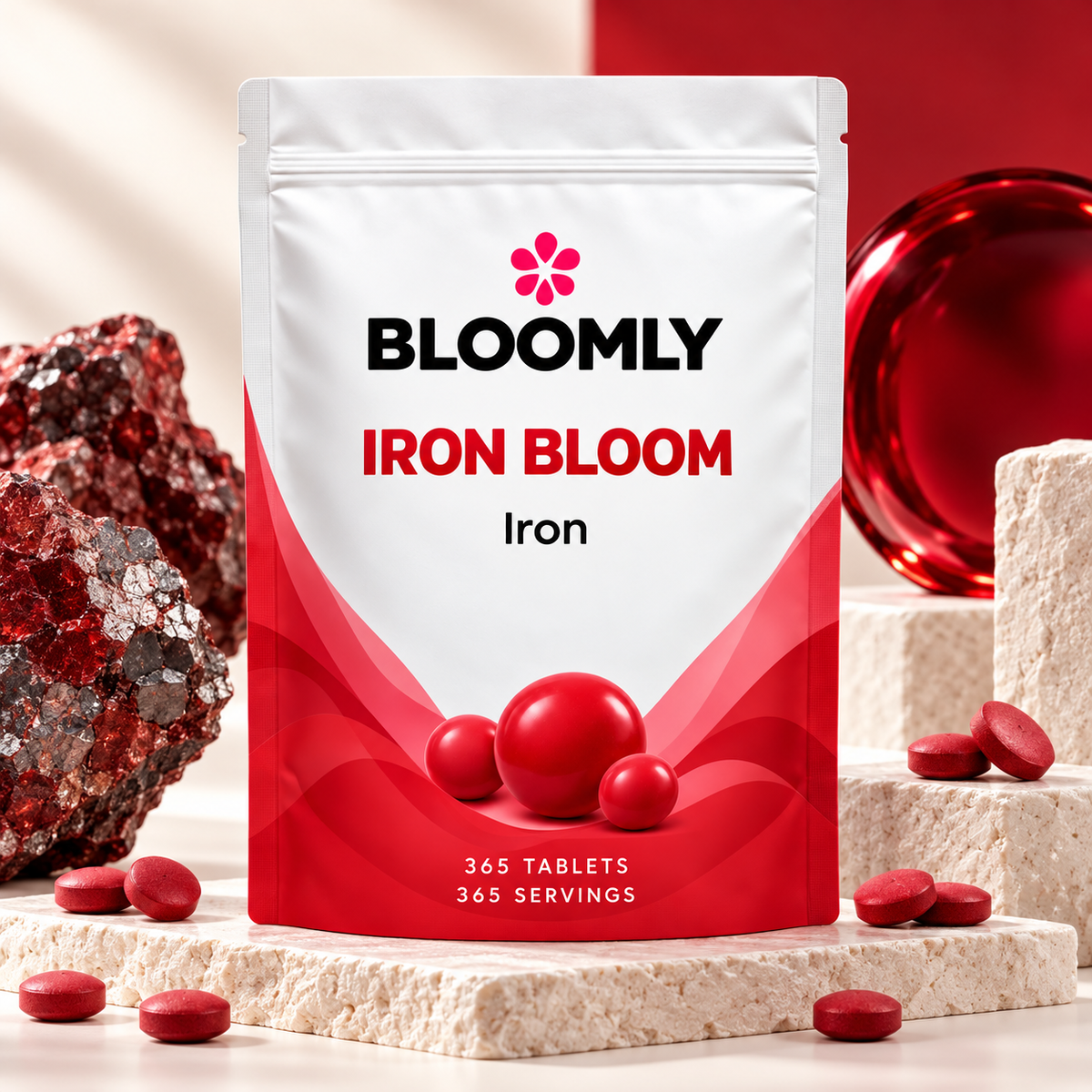 BLOOMLY Iron 14mg Tablets pouch hero image on a clean studio background