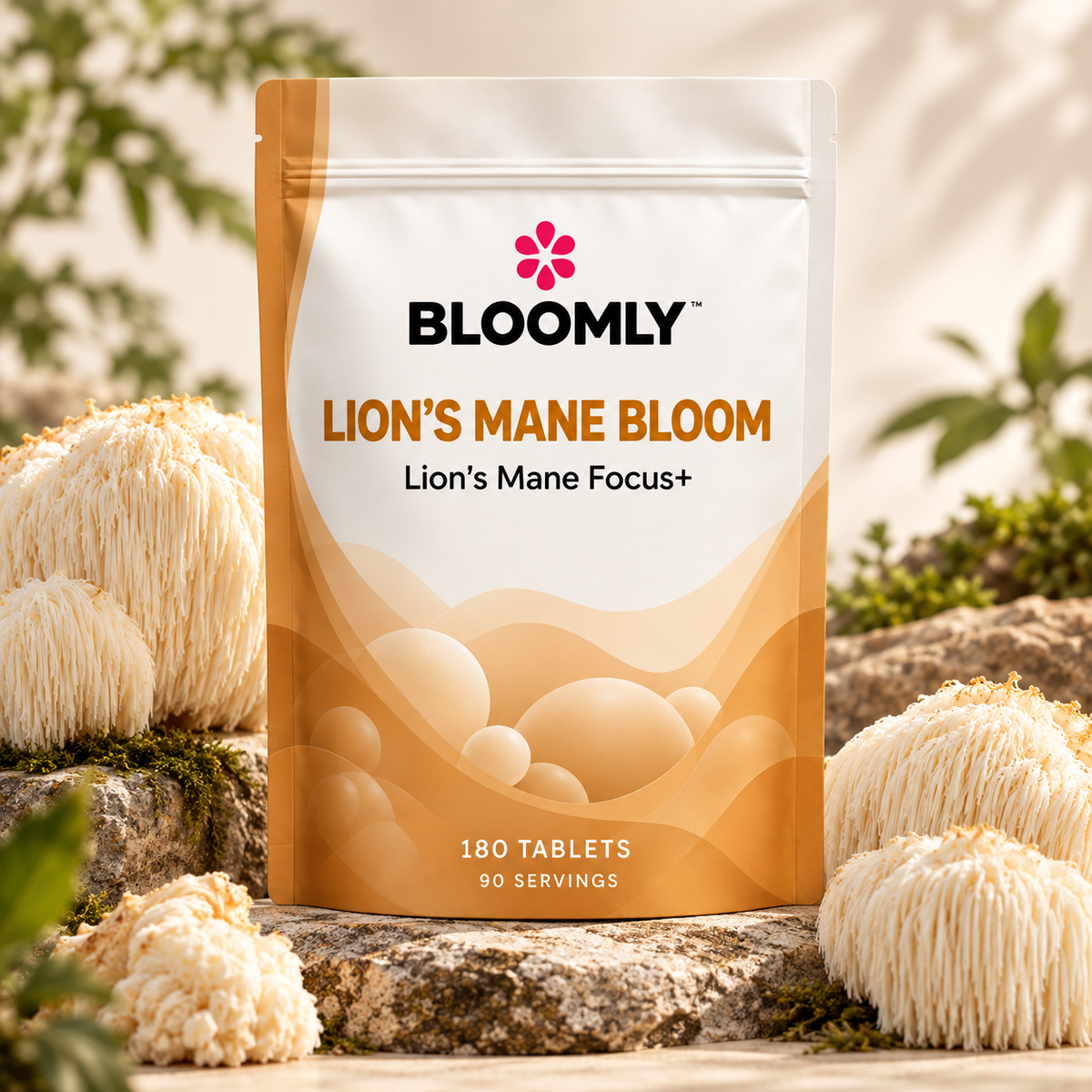 BLOOMLY Lion’s Mane 4000mg Equivalent with Vitamin B1 pouch hero image on a clean studio background