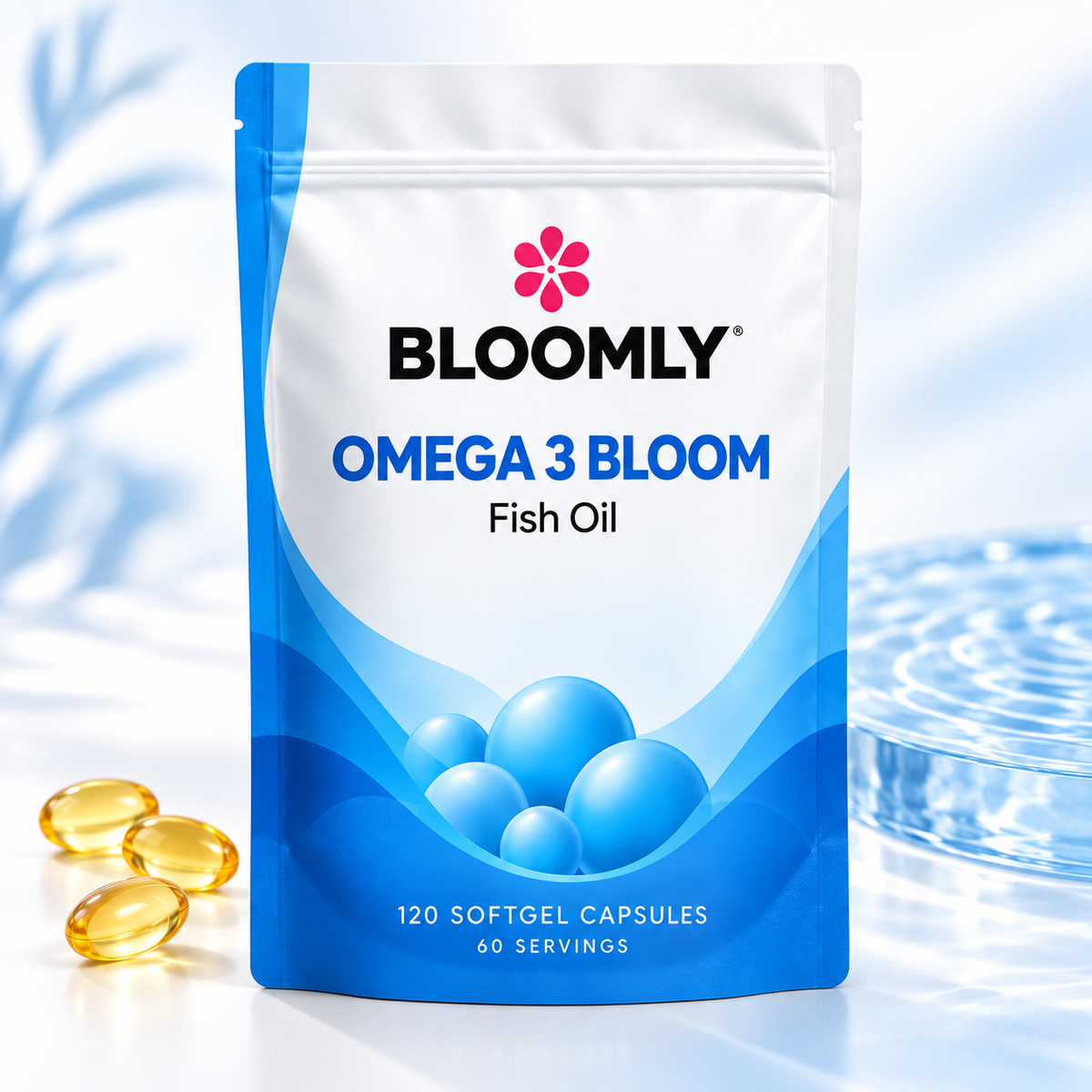 BLOOMLY Omega-3 Fish Oil 2000mg with EPA & DHA pouch hero image on a clean studio background