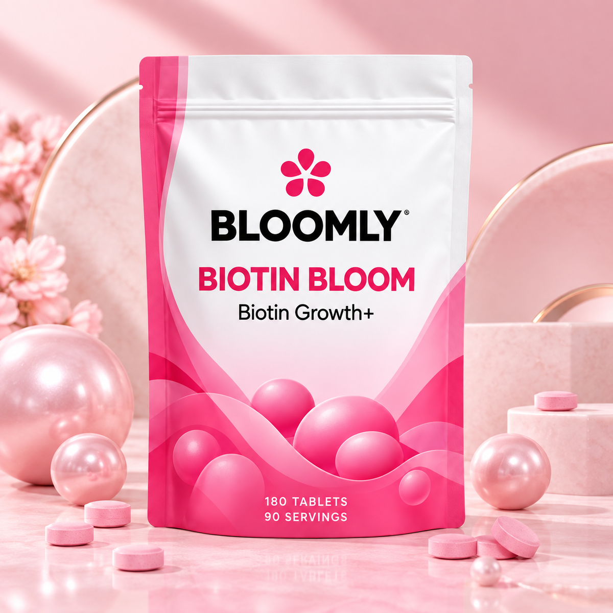 BLOOMLY Biotin 10,000µg with Zinc & Selenium pouch hero image on a clean studio background
