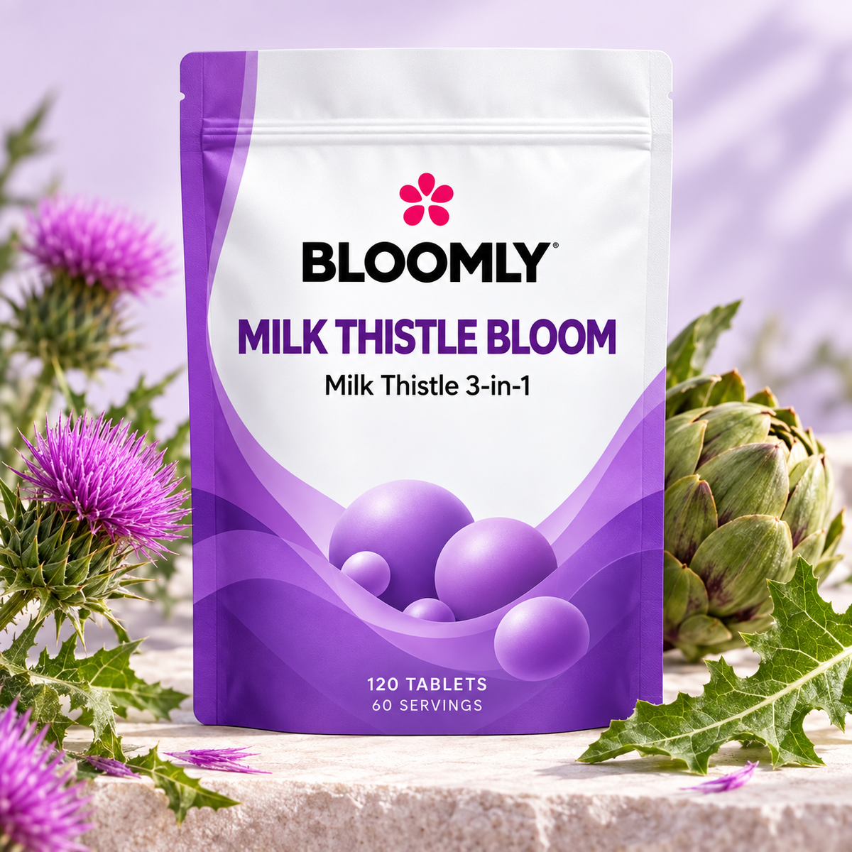 BLOOMLY Milk Thistle, Artichoke & Dandelion Tablets pouch hero image on a clean studio background