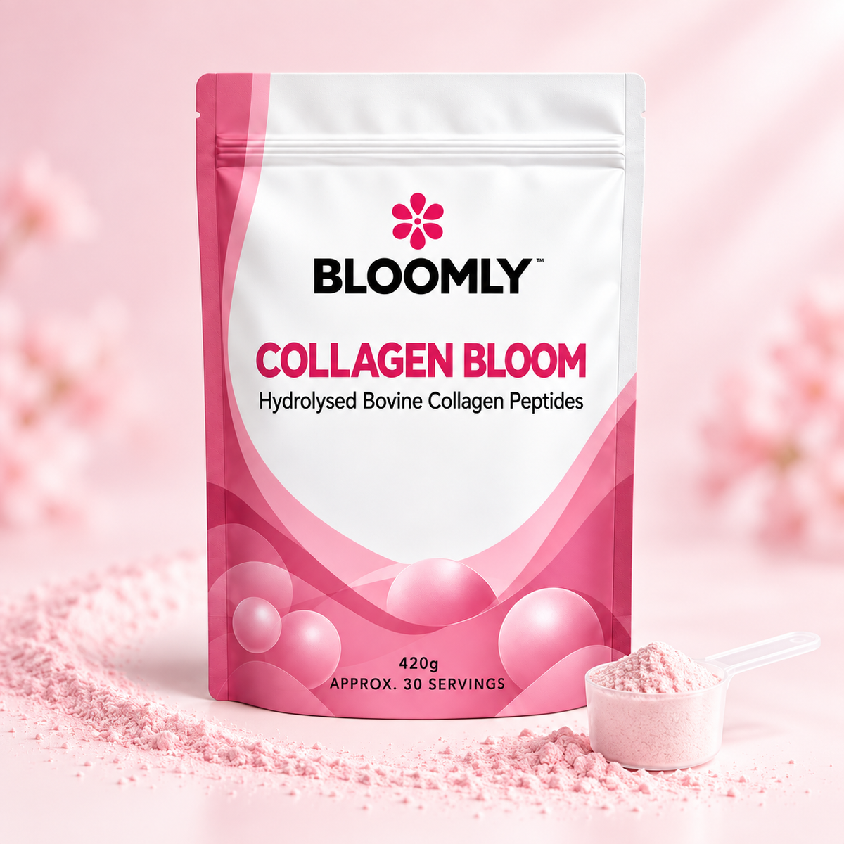 BLOOMLY Hydrolysed Bovine Collagen Peptides Powder pouch hero image on a clean studio background