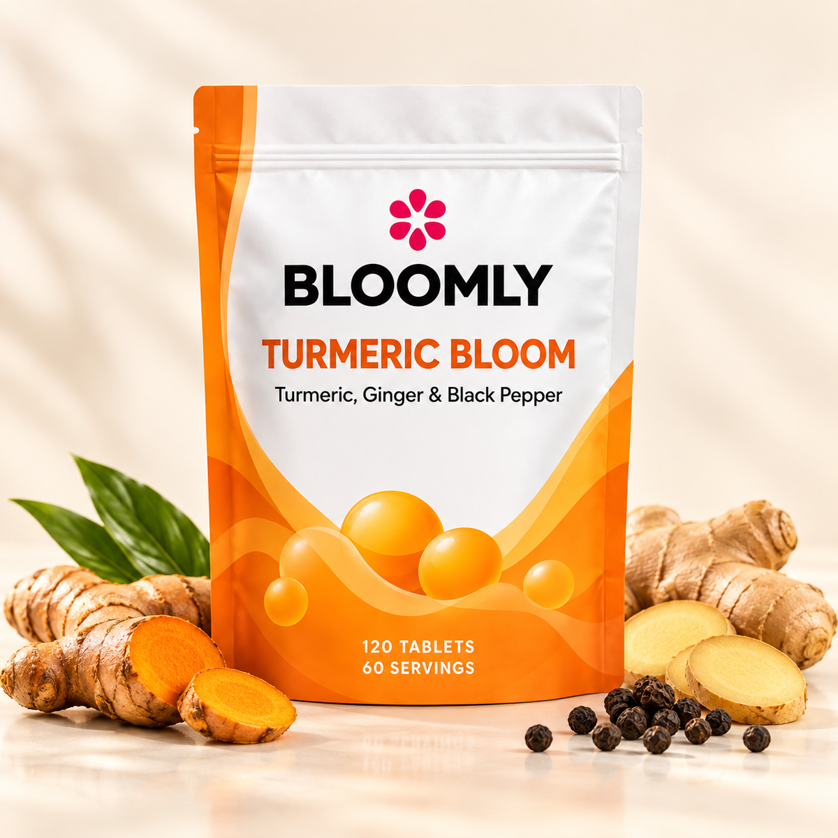 BLOOMLY Turmeric, Ginger & Black Pepper Tablets pouch hero image on a clean studio background