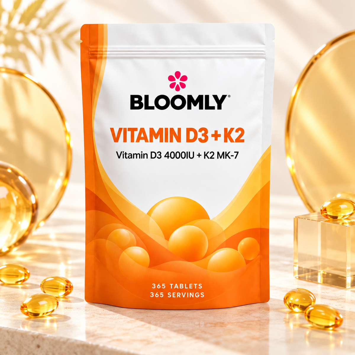 BLOOMLY Vitamin D3 4000 IU + K2 MK-7 100µg Tablets pouch hero image on a clean studio background