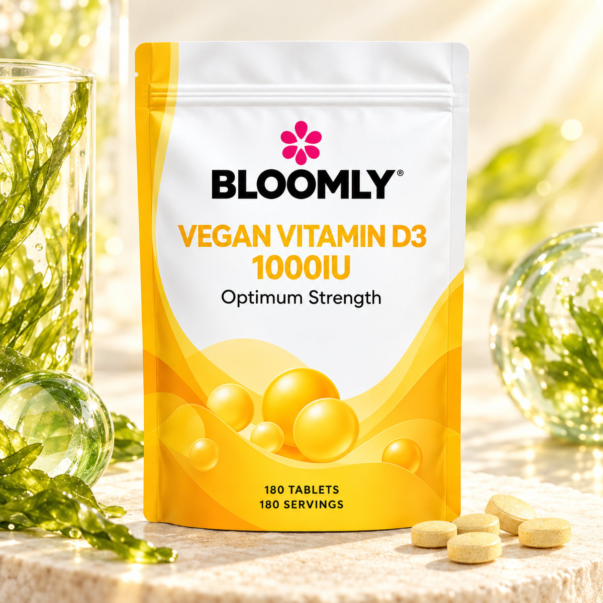 BLOOMLY Vegan Vitamin D3 1000 IU from Algae pouch hero image on a clean studio background