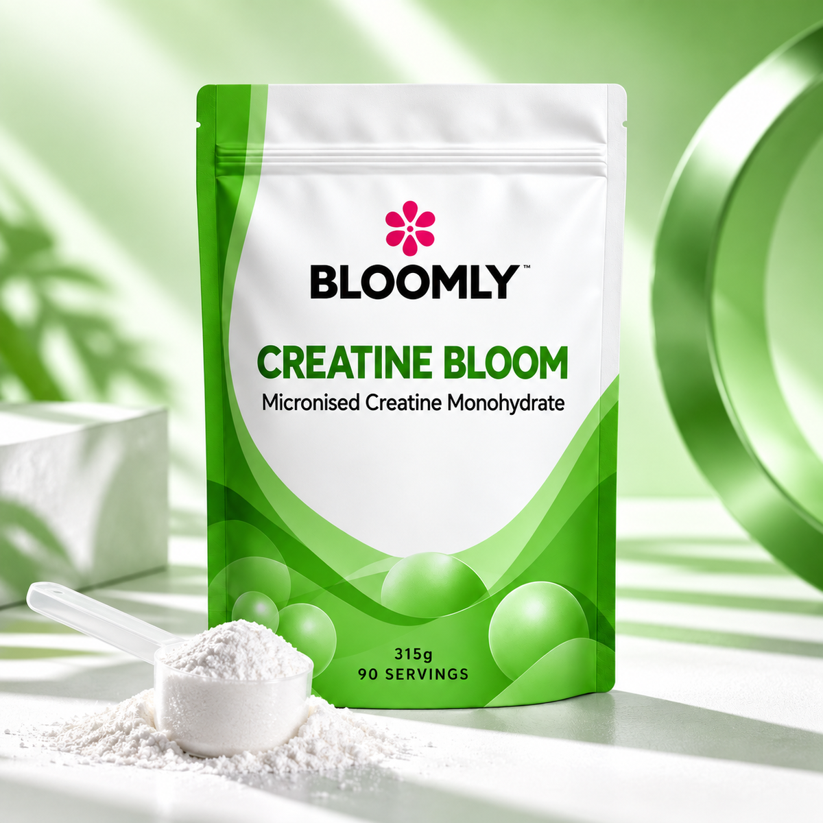 BLOOMLY Micronised Creatine Monohydrate Powder pouch hero image on a clean studio background