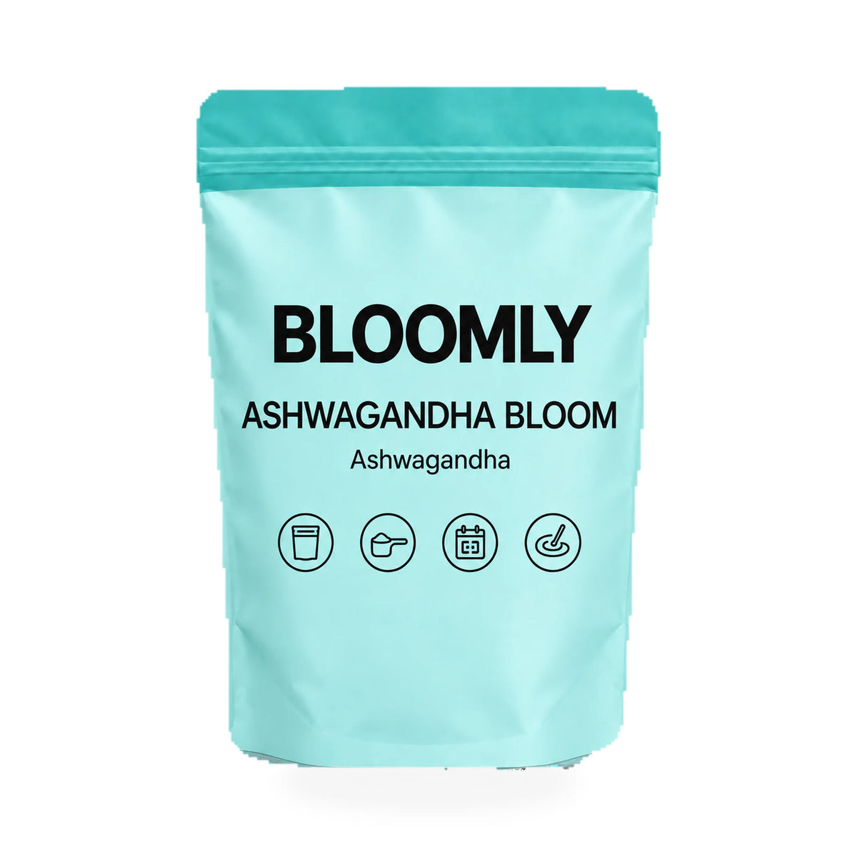 1 BLOOMLY Ashwagandha Bloom stand-up pouches on a white background