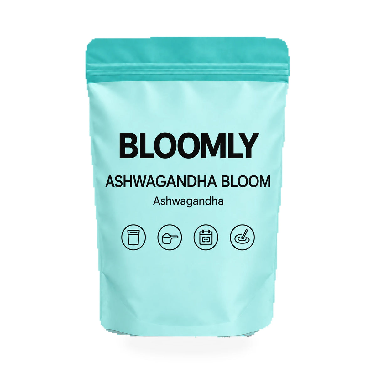 BLOOMLY Ashwagandha Bloom stand-up pouch on a white background