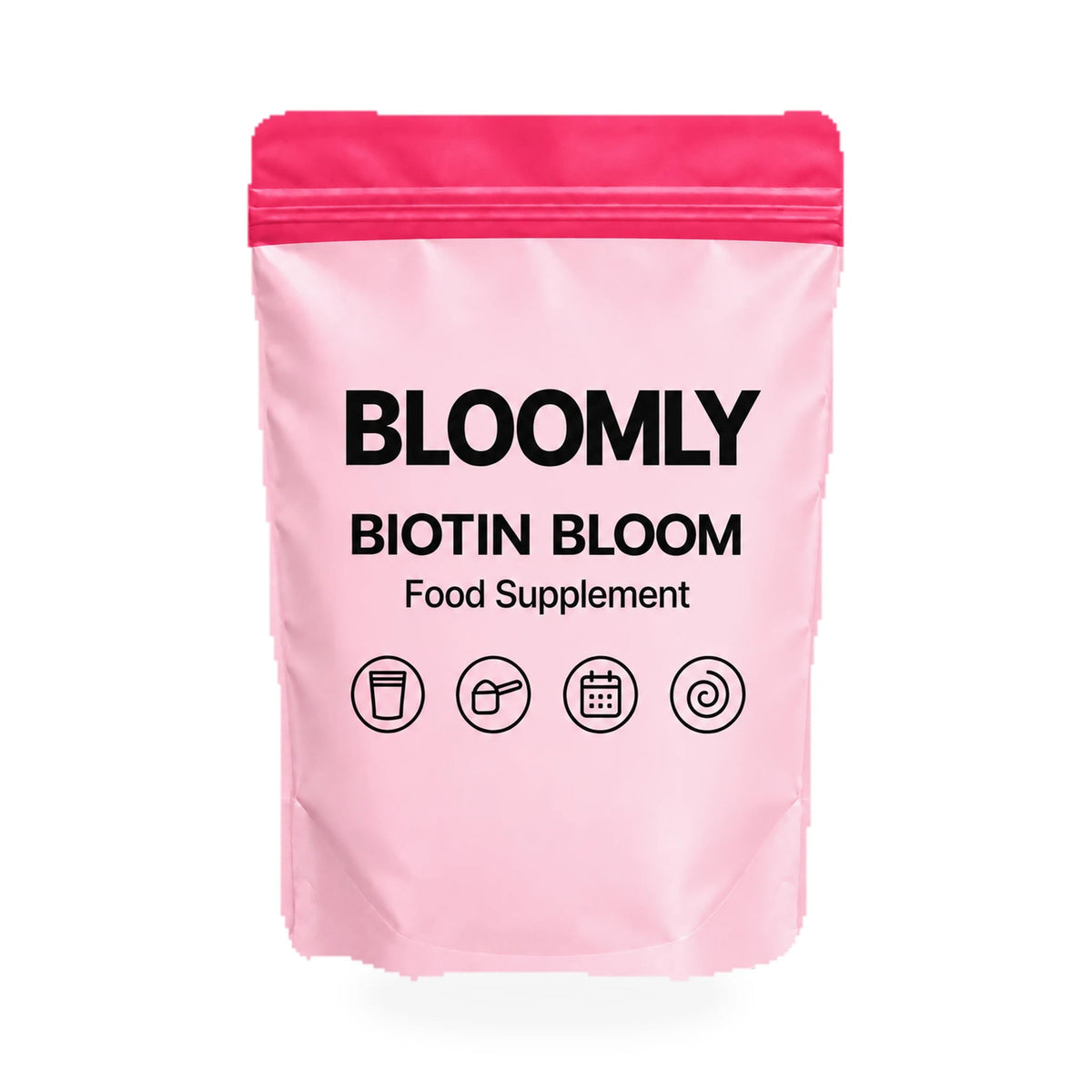 1 BLOOMLY Biotin Bloom stand-up pouches on a white background