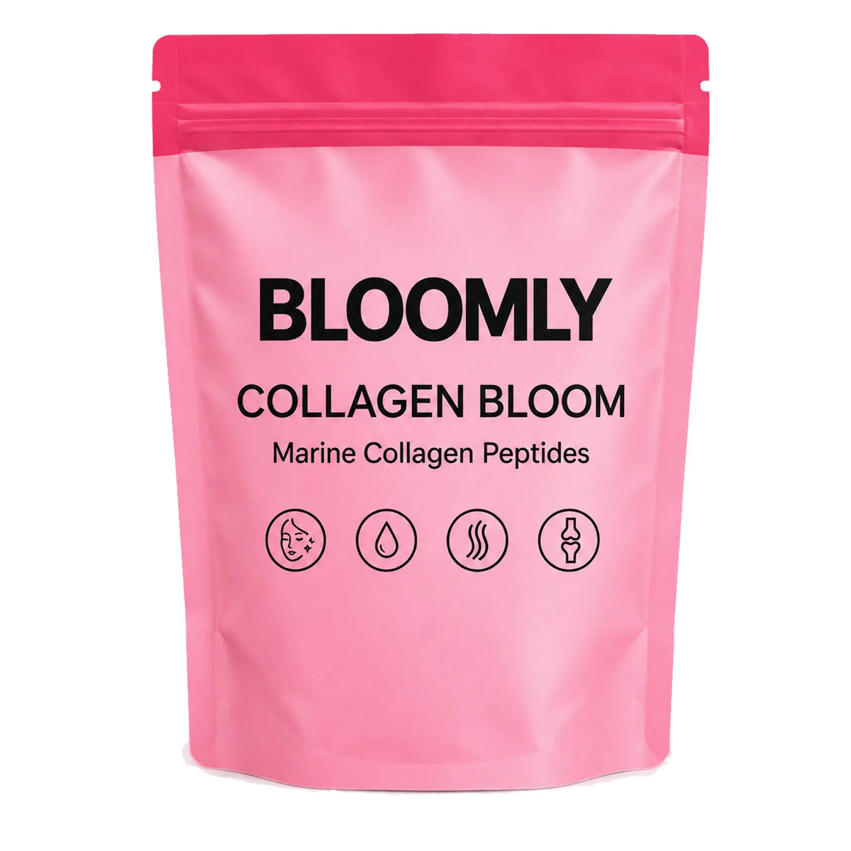 BLOOMLY Collagen Bloom stand-up pouch on a white background