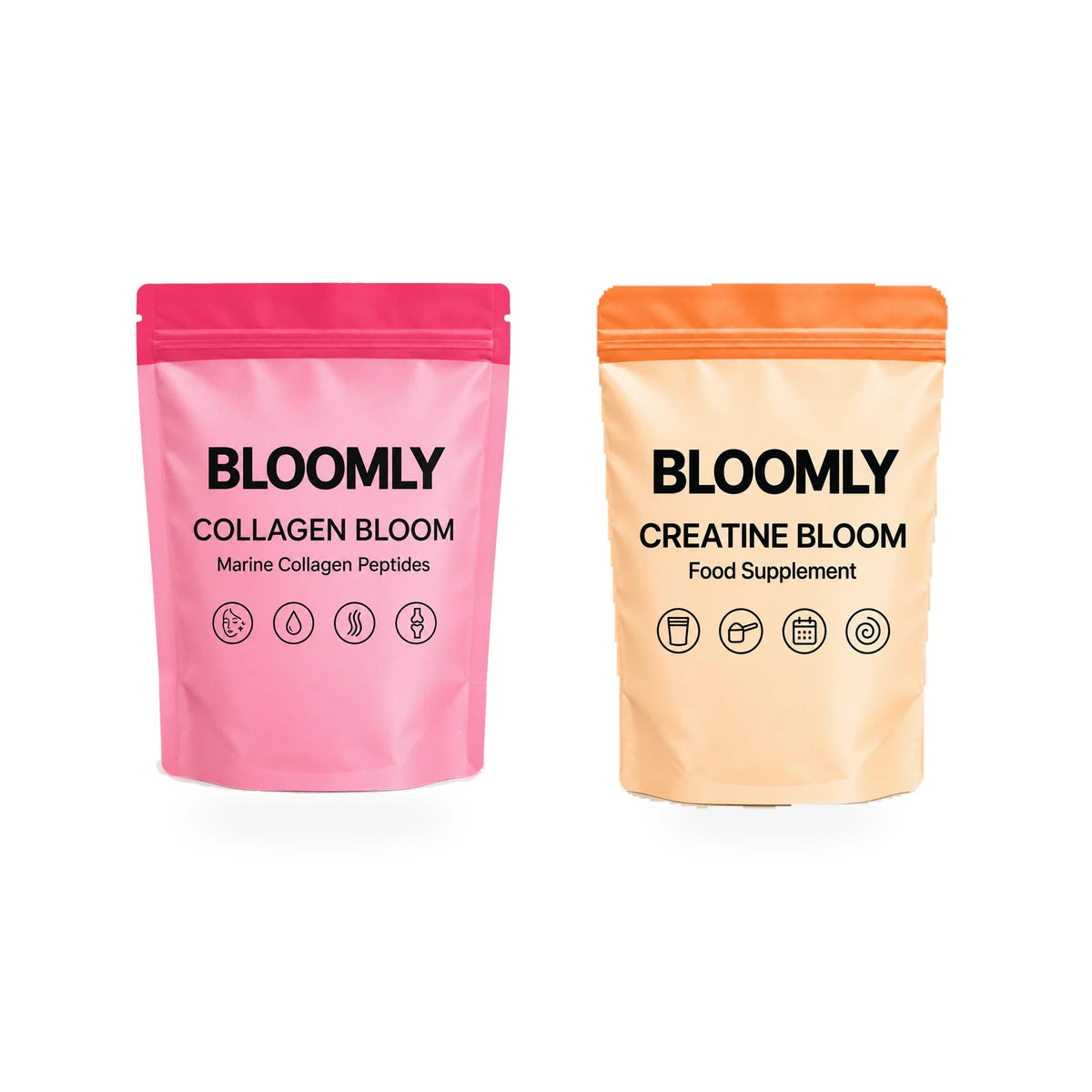 The Two-Scoop Edit 1x1 bundle showing Collagen Bloom, Creatine Bloom BLOOMLY pouches on a white background