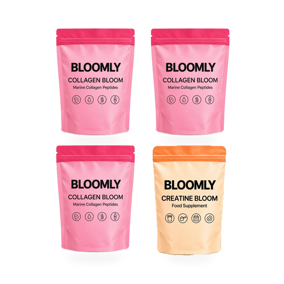 The Two-Scoop Edit 3x1 bundle showing Collagen Bloom, Creatine Bloom BLOOMLY pouches on a white background