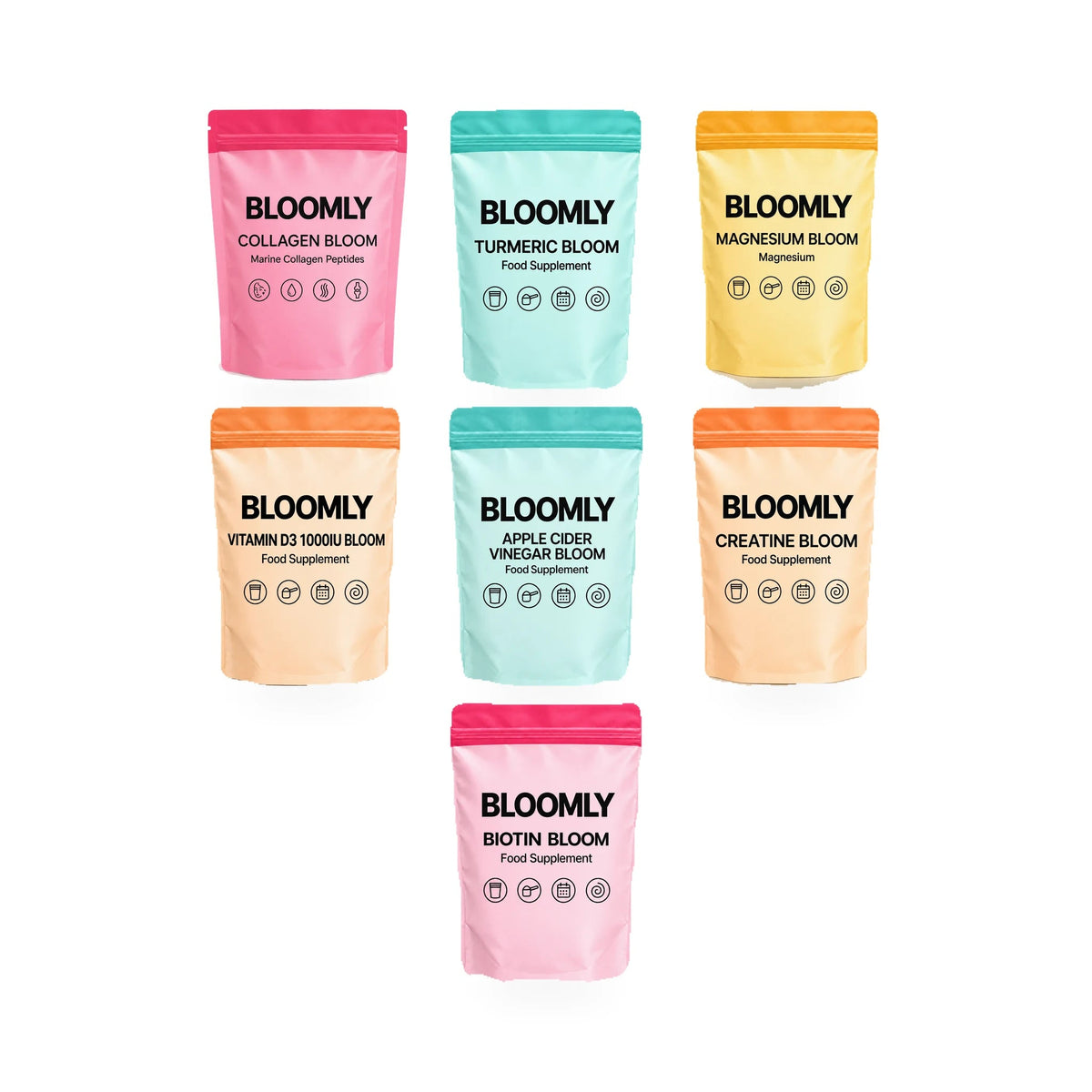 The Everyday Edit standard bundle showing Collagen Bloom, Turmeric Bloom, Magnesium Bloom, Vitamin D3 1000IU Bloom, Apple Cider Vinegar Bloom, Creatine Bloom, Biotin Bloom BLOOMLY pouches on a white background