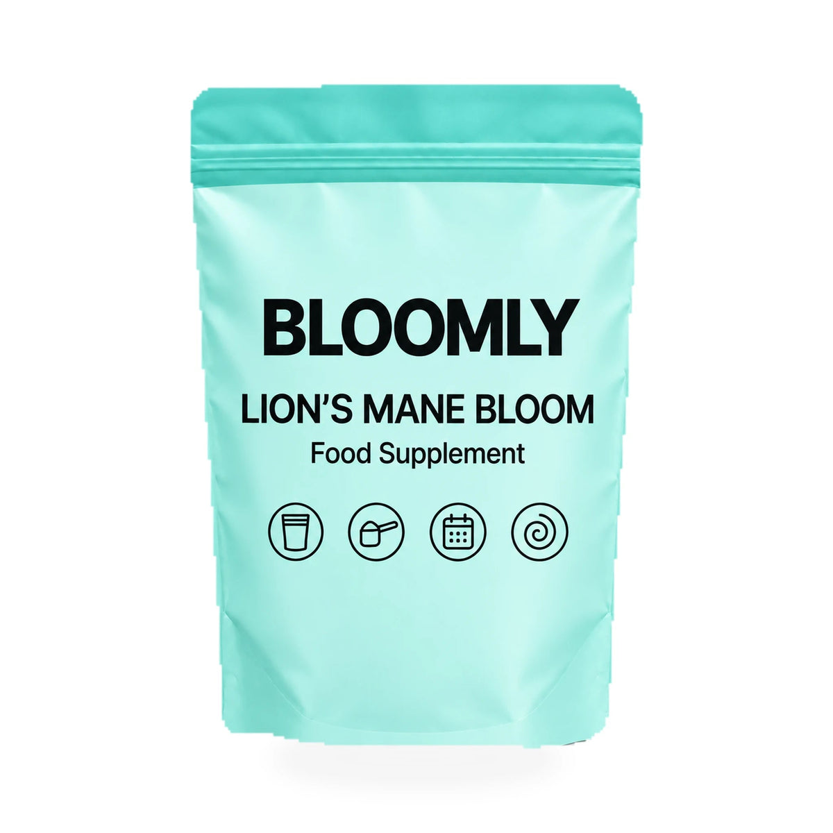 1 BLOOMLY Lion's Mane Bloom stand-up pouches on a white background