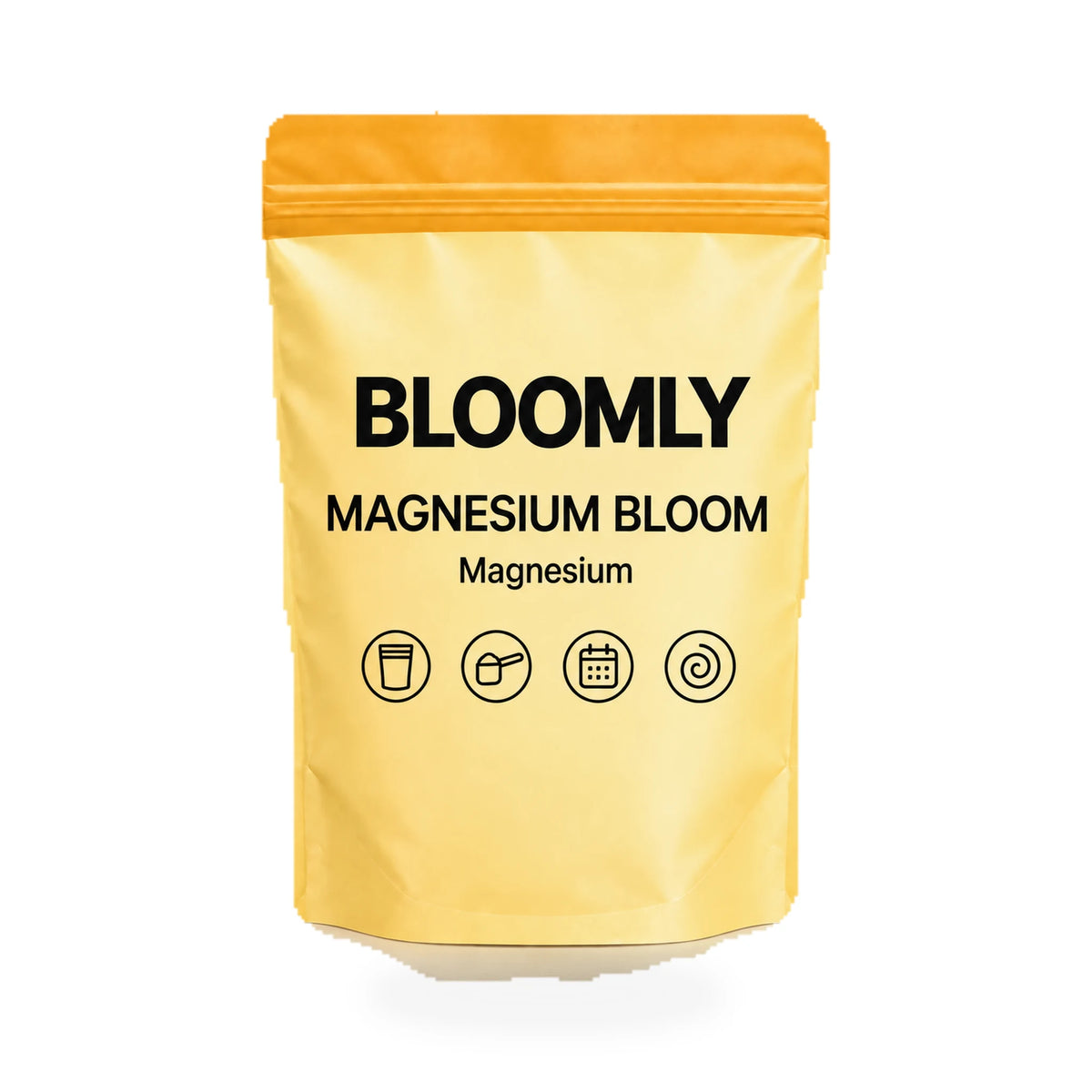 1 BLOOMLY Magnesium Bloom stand-up pouches on a white background