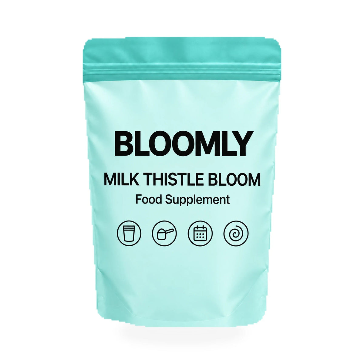 1 BLOOMLY Milk Thistle Bloom stand-up pouches on a white background