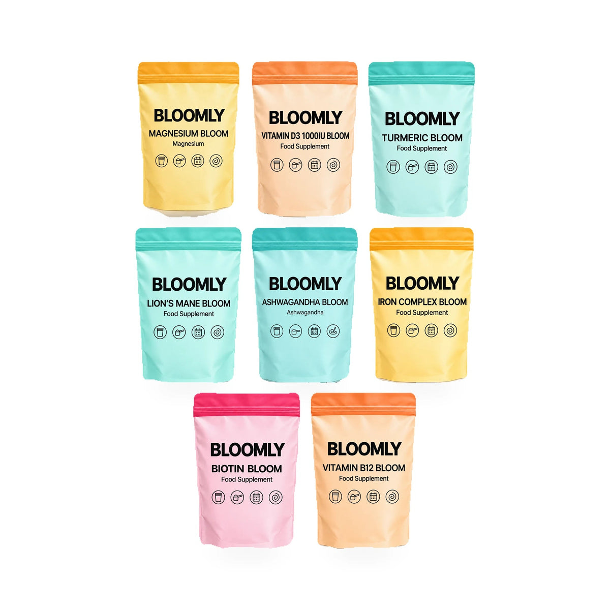 The Year-Round Edit standard bundle showing Magnesium Bloom, Vitamin D3 1000IU Bloom, Turmeric Bloom, Lion's Mane Bloom, Ashwagandha Bloom, Iron Complex Bloom, Biotin Bloom, Vitamin B12 Bloom BLOOMLY pouches on a white background