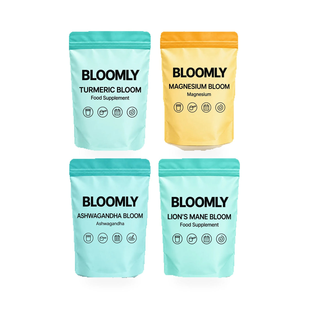 The Steady Edit 6 month bundle showing Turmeric Bloom, Magnesium Bloom, Ashwagandha Bloom, Lion's Mane Bloom BLOOMLY pouches on a white background