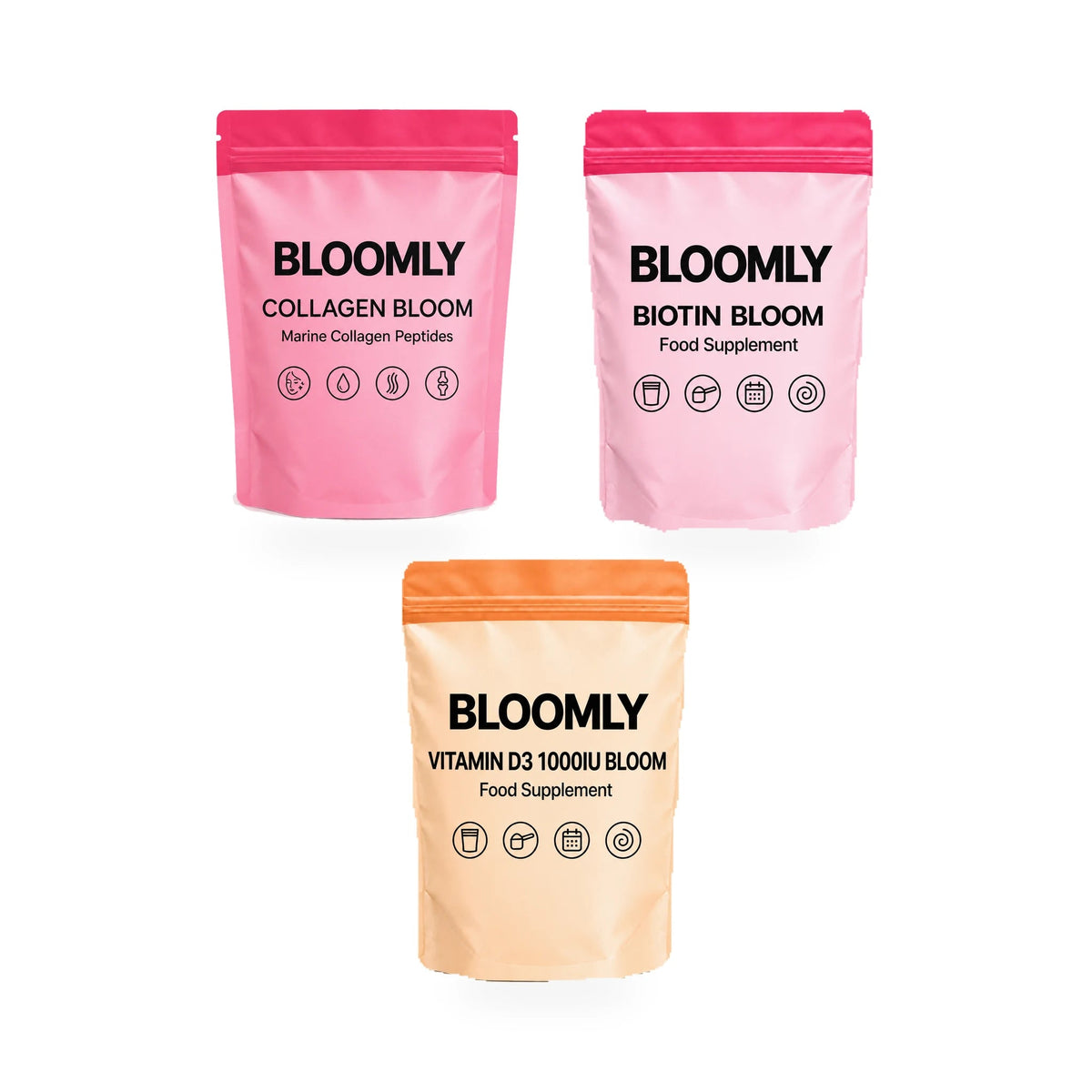 The Vanity Edit standard bundle showing Collagen Bloom, Biotin Bloom, Vitamin D3 1000IU Bloom BLOOMLY pouches on a white background