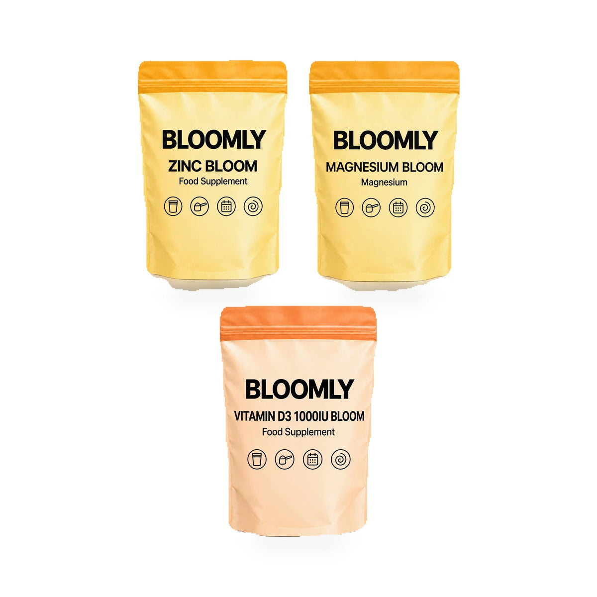 THE DAILY TRIO standard bundle showing Zinc Bloom, Magnesium Bloom, Vitamin D3 1000IU Bloom BLOOMLY pouches on a white background