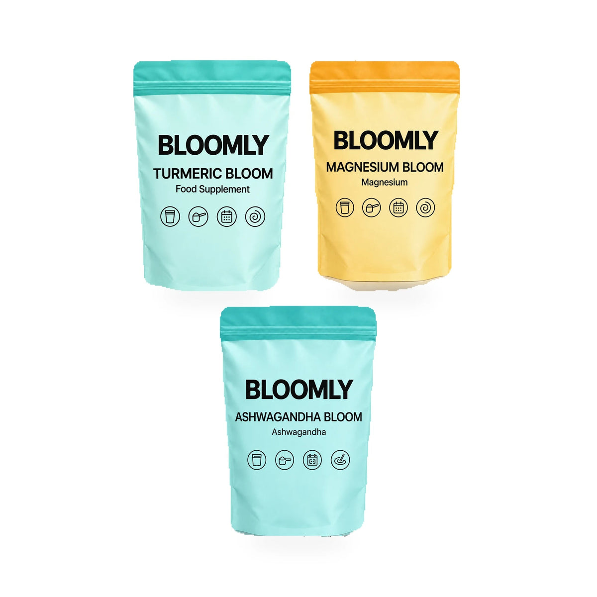 The Evening Ritual standard bundle showing Turmeric Bloom, Magnesium Bloom, Ashwagandha Bloom BLOOMLY pouches on a white background