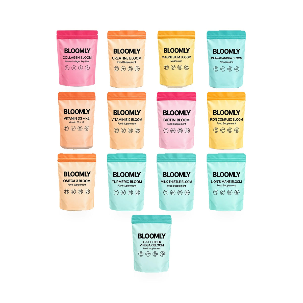 The Whole Shelf Edit standard bundle showing Collagen Bloom, Creatine Bloom, Magnesium Bloom, Ashwagandha Bloom, Vitamin D3 + K2, Vitamin B12 Bloom, Biotin Bloom, Iron Complex Bloom, Omega 3 Bloom, Turmeric Bloom, Milk Thistle Bloom, Lion's Mane Bloom, Apple Cider Vinegar Bloom BLOOMLY pouches on a white background