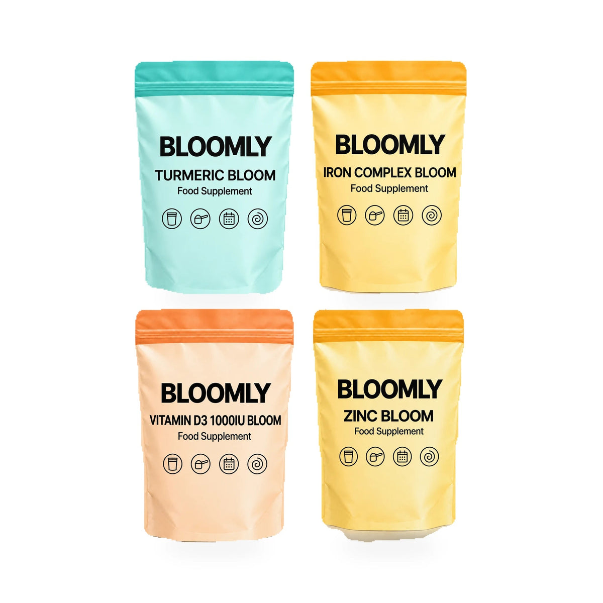 The Darker Months Edit standard bundle showing Turmeric Bloom, Iron Complex Bloom, Vitamin D3 1000IU Bloom, Zinc Bloom BLOOMLY pouches on a white background
