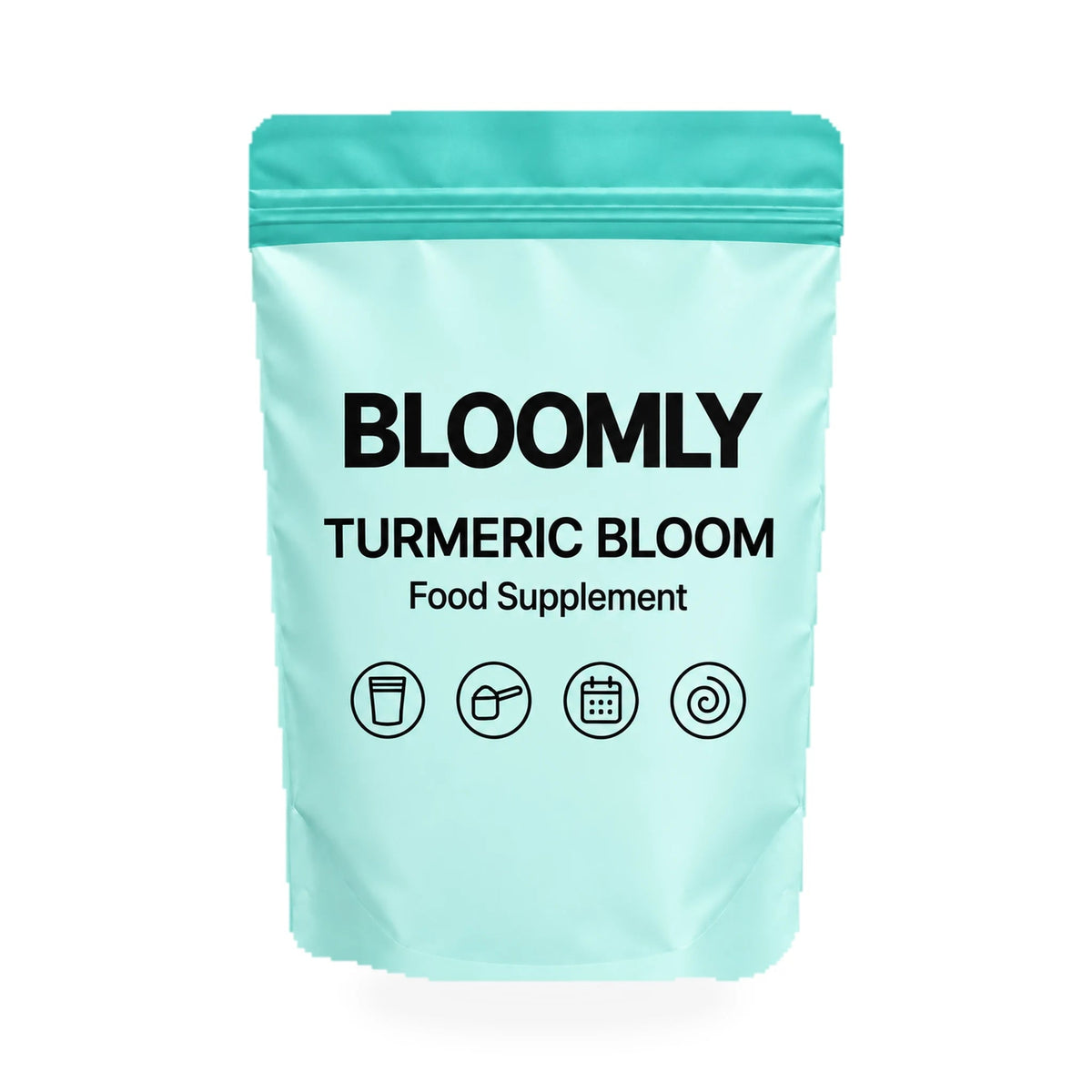 1 BLOOMLY Turmeric Bloom stand-up pouches on a white background
