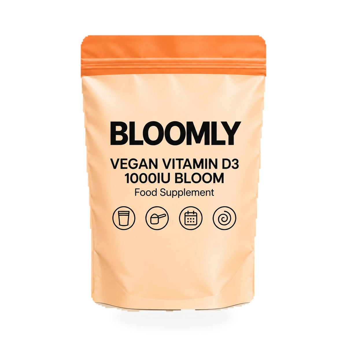 1 BLOOMLY Vegan Vitamin D3 1000Iu Bloom stand-up pouches on a white background