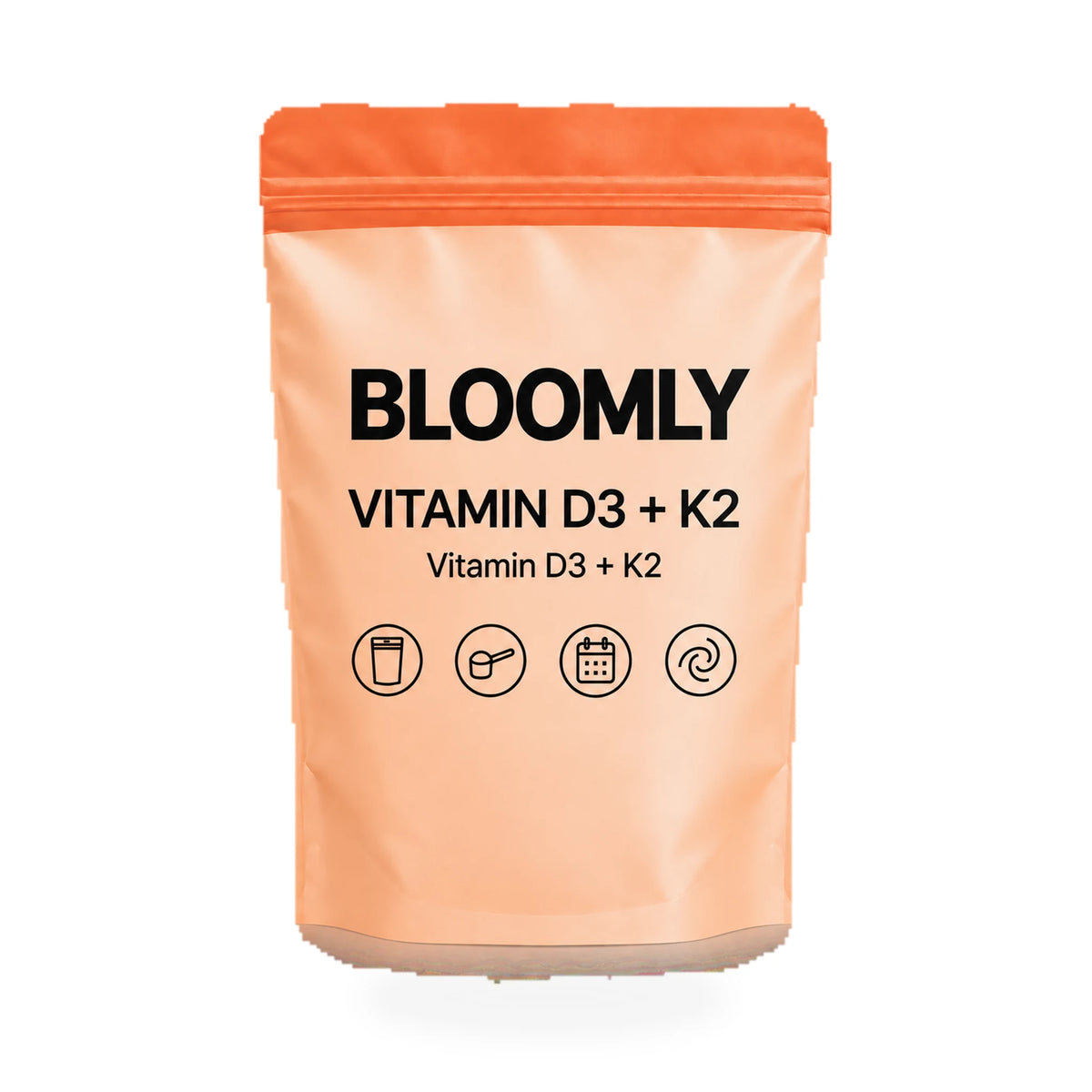 BLOOMLY Vitamin D3 + K2 stand-up pouch on a white background