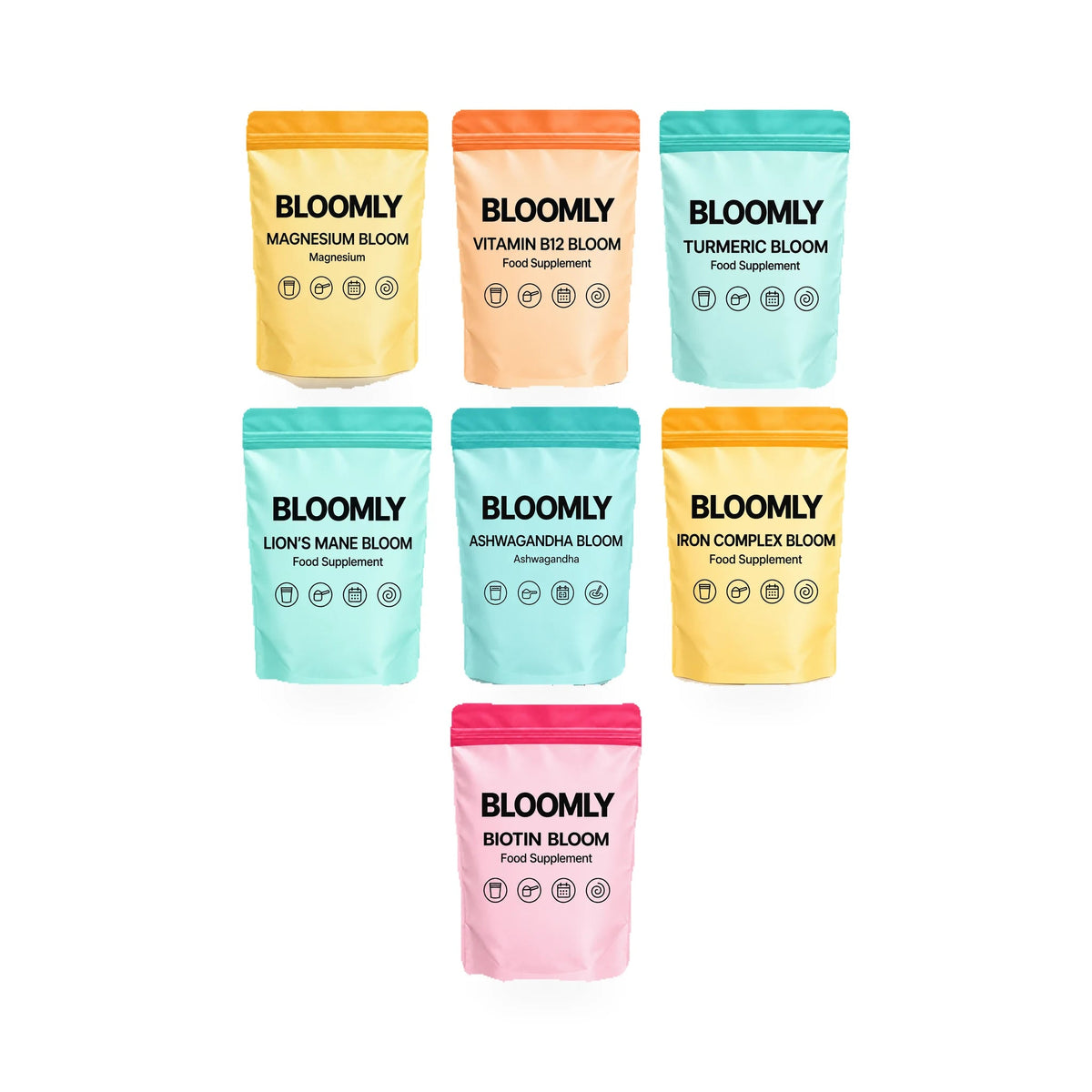 The First Edit standard bundle showing Magnesium Bloom, Vitamin B12 Bloom, Turmeric Bloom, Lion's Mane Bloom, Ashwagandha Bloom, Iron Complex Bloom, Biotin Bloom BLOOMLY pouches on a white background