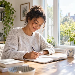BLOOMLY Shop by Goal: A relaxed, focused person writing in a notebook at a bright desk by a window