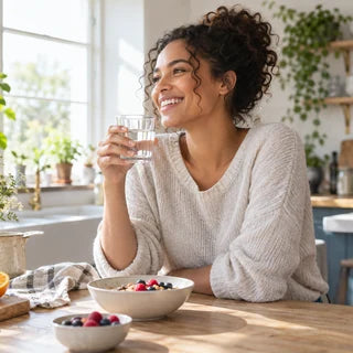 BLOOMLY Shop by Goal: A smiling person holding a glass of water beside breakfast in a bright kitchen
