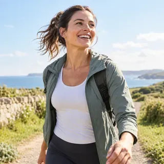 Happy person outdoors in bright daylight