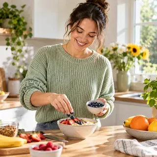Fresh fruit and a person preparing a bright morning routine